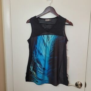 NWT Nanette Lepore Black and Blue Feather Tank Top Medium Gym Casual Yoga Walk